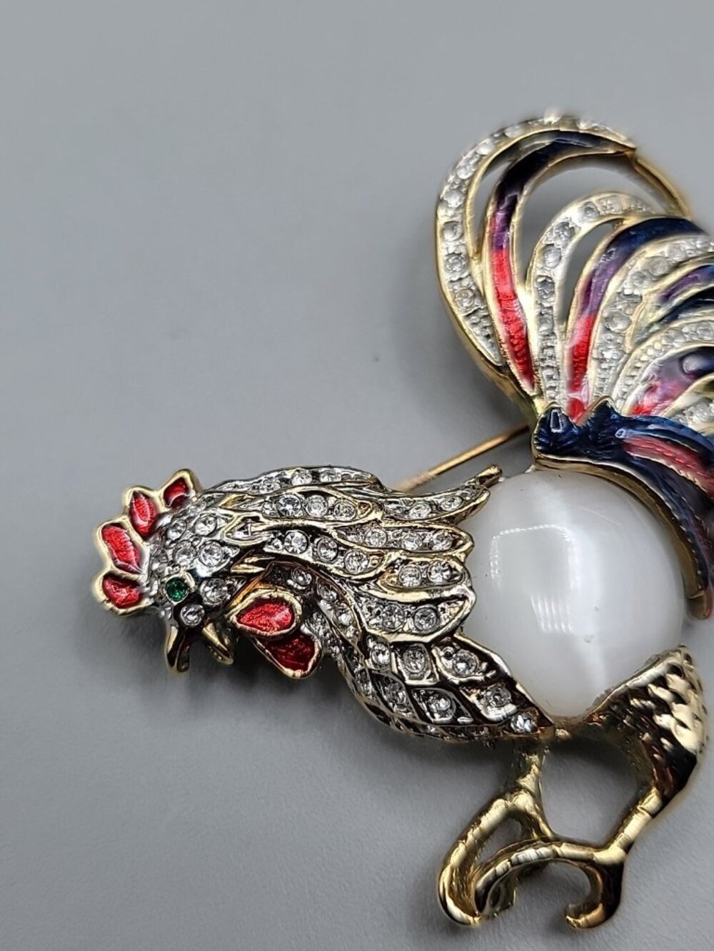 Vintage Large Colorful Rhinestone Jelly Belly Rooster Brooch - Picture 6 of 8